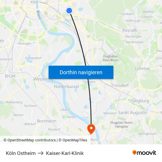 Köln Ostheim to Kaiser-Karl-Klinik map