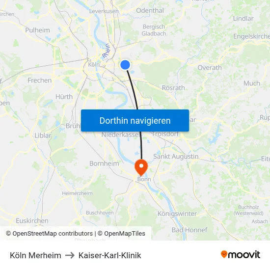 Köln Merheim to Kaiser-Karl-Klinik map