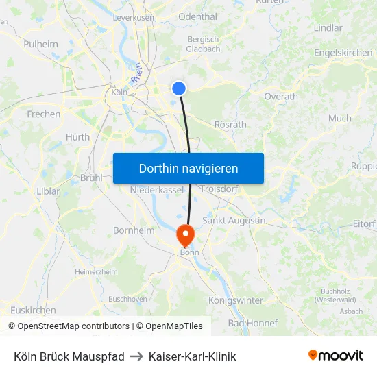 Köln Brück Mauspfad to Kaiser-Karl-Klinik map