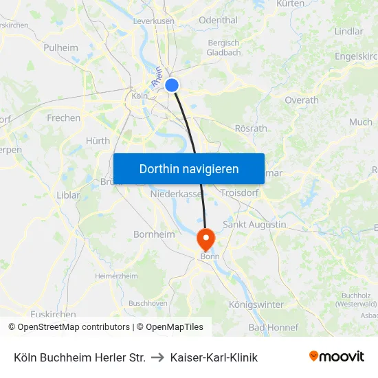 Köln Buchheim Herler Str. to Kaiser-Karl-Klinik map