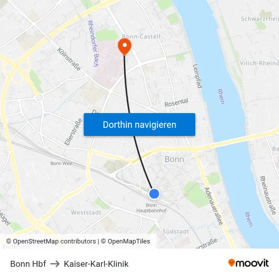 Bonn Hbf to Kaiser-Karl-Klinik map