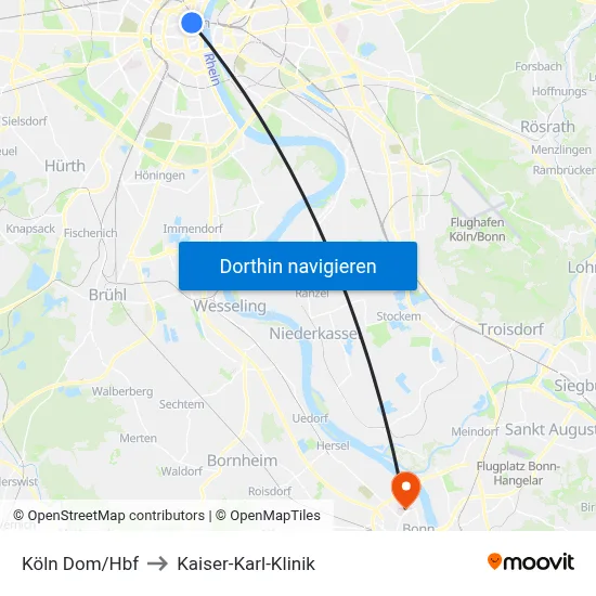 Köln Dom/Hbf to Kaiser-Karl-Klinik map