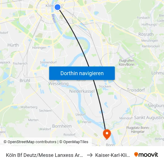 Köln Bf Deutz/Messe Lanxess Arena to Kaiser-Karl-Klinik map