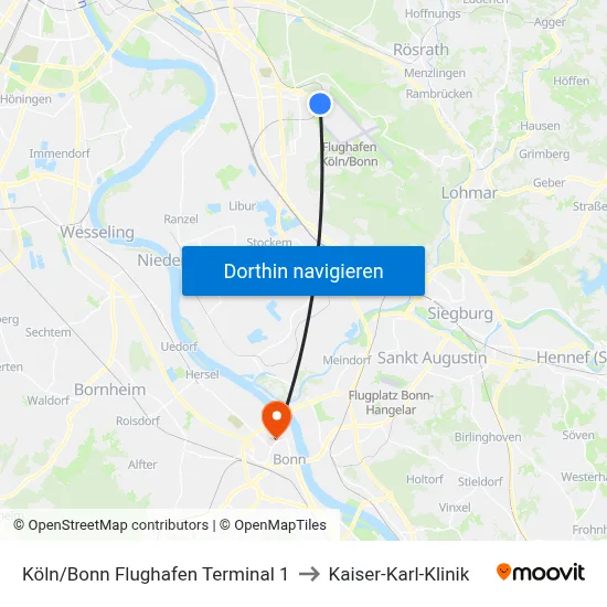 Köln/Bonn Flughafen Terminal 1 to Kaiser-Karl-Klinik map