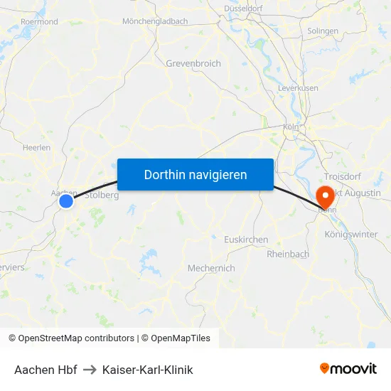 Aachen Hbf to Kaiser-Karl-Klinik map