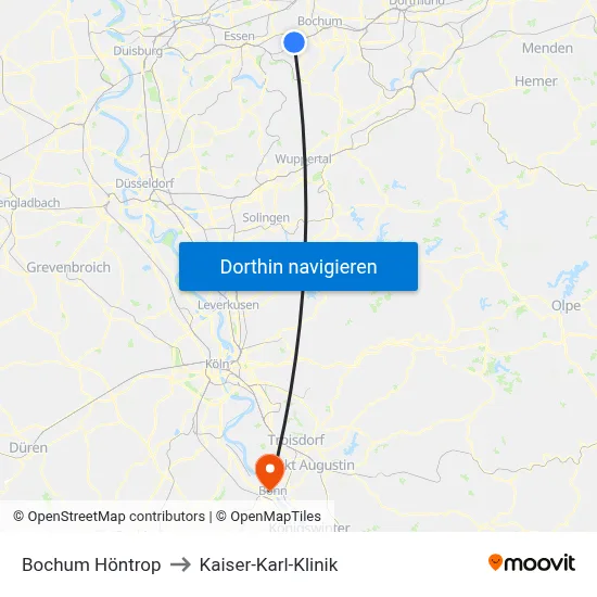 Bochum Höntrop to Kaiser-Karl-Klinik map