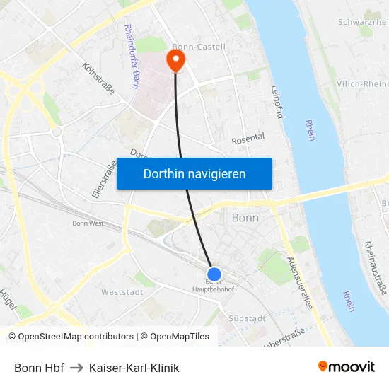 Bonn Hbf to Kaiser-Karl-Klinik map