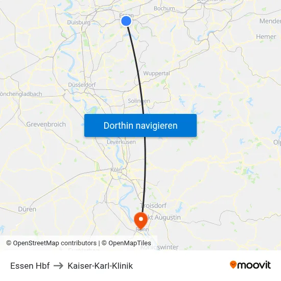 Essen Hbf to Kaiser-Karl-Klinik map