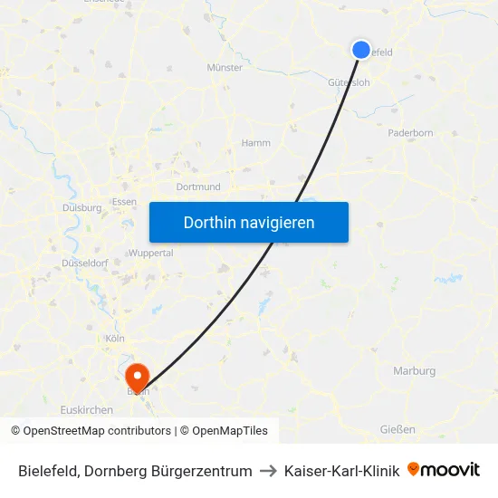 Bielefeld, Dornberg Bürgerzentrum to Kaiser-Karl-Klinik map