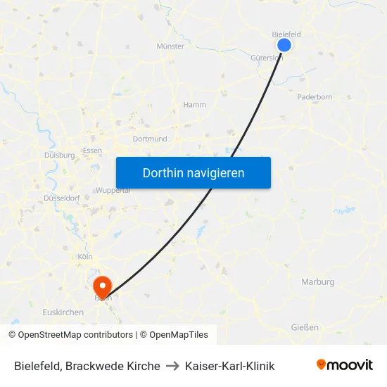 Bielefeld, Brackwede Kirche to Kaiser-Karl-Klinik map