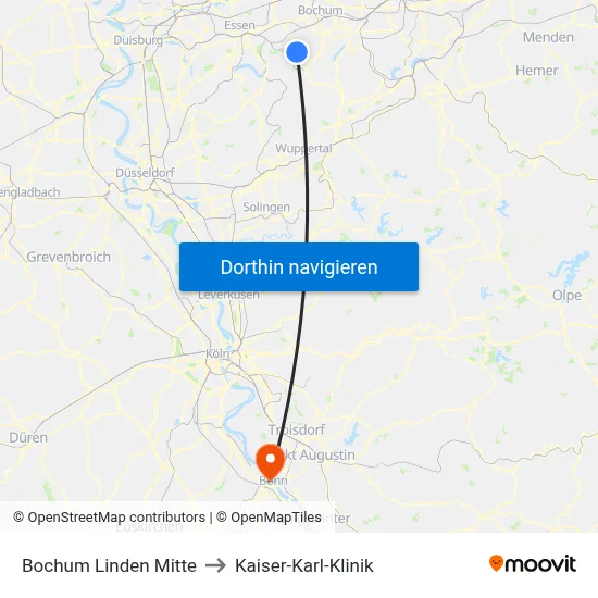 Bochum Linden Mitte to Kaiser-Karl-Klinik map