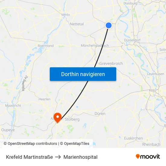 Krefeld Martinstraße to Marienhospital map