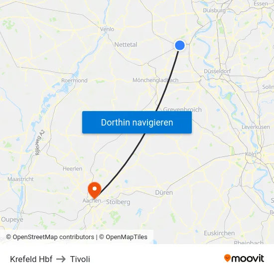 Krefeld Hbf to Tivoli map