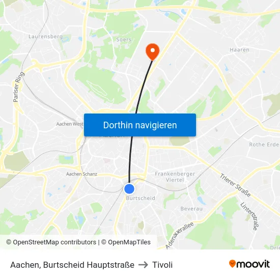 Aachen, Burtscheid Hauptstraße to Tivoli map
