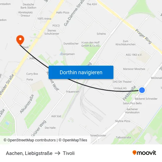Aachen, Liebigstraße to Tivoli map