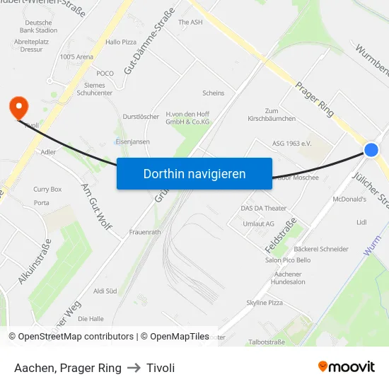 Aachen, Prager Ring to Tivoli map