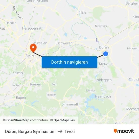 Düren, Burgau Gymnasium to Tivoli map