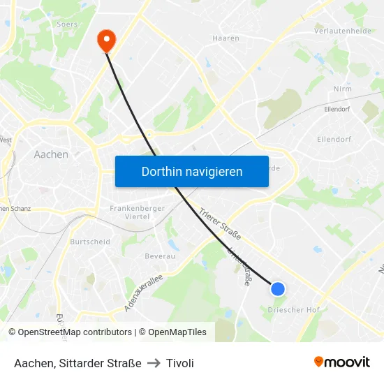 Aachen, Sittarder Straße to Tivoli map