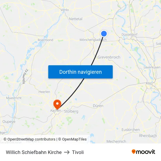 Willich Schiefbahn Kirche to Tivoli map