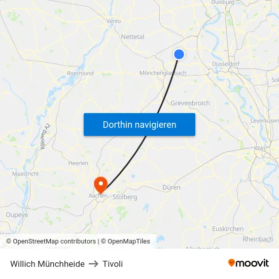 Willich Münchheide to Tivoli map
