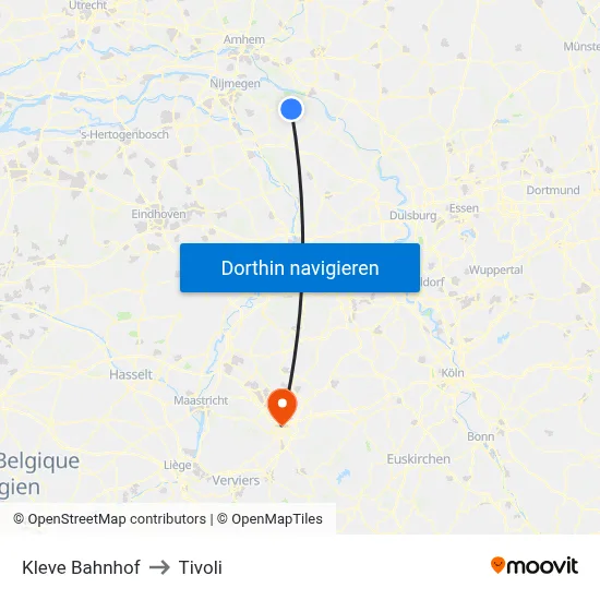 Kleve Bahnhof to Tivoli map