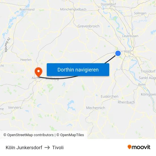 Köln Junkersdorf to Tivoli map