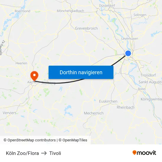 Köln Zoo/Flora to Tivoli map