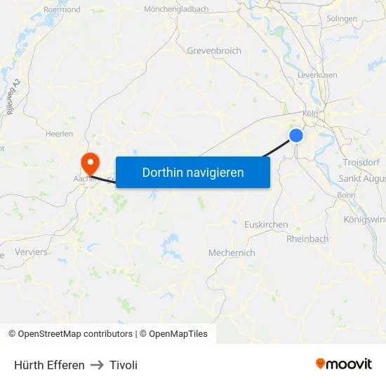 Hürth Efferen to Tivoli map