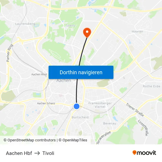 Aachen Hbf to Tivoli map