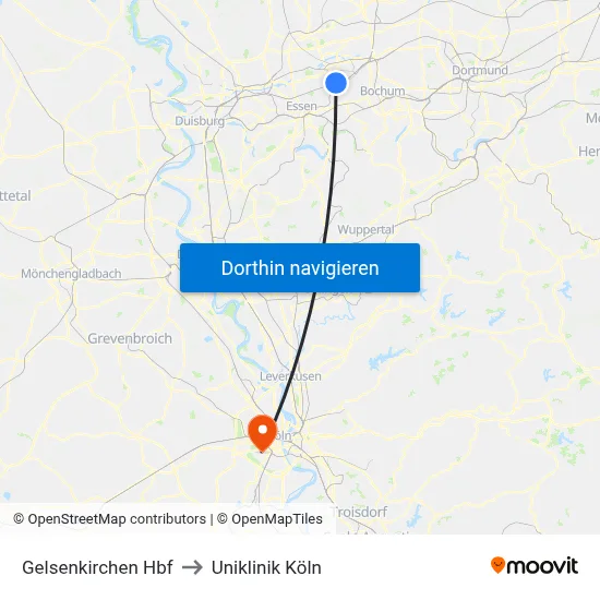 Gelsenkirchen Hbf to Uniklinik Köln map