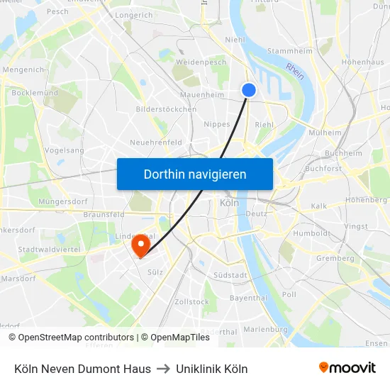 Köln Neven Dumont Haus to Uniklinik Köln map