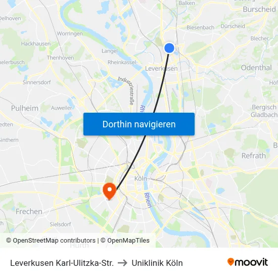 Leverkusen Karl-Ulitzka-Str. to Uniklinik Köln map