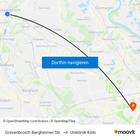Grevenbroich Bergheimer Str. to Uniklinik Köln map