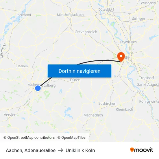 Aachen, Adenauerallee to Uniklinik Köln map