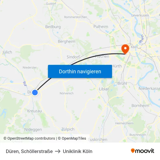 Düren, Schöllerstraße to Uniklinik Köln map