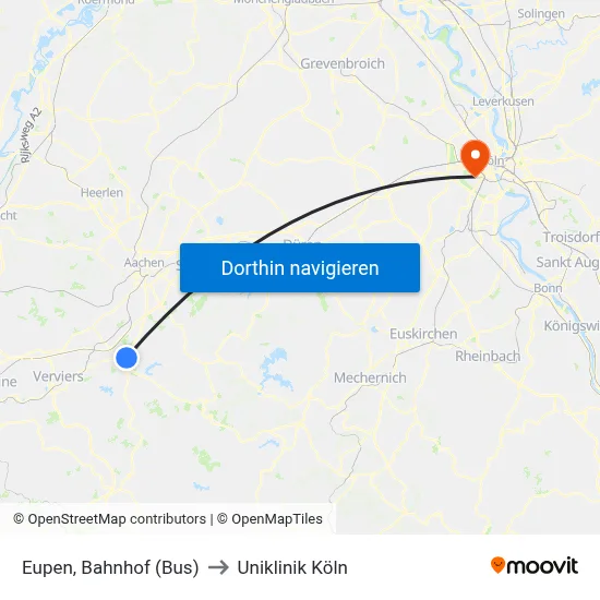 Eupen, Bahnhof (Bus) to Uniklinik Köln map