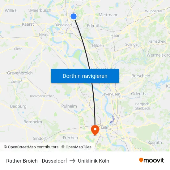 Rather Broich - Düsseldorf to Uniklinik Köln map