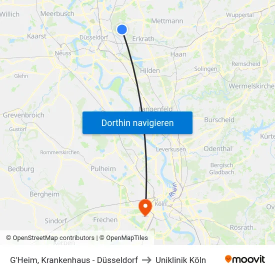 G'Heim, Krankenhaus - Düsseldorf to Uniklinik Köln map
