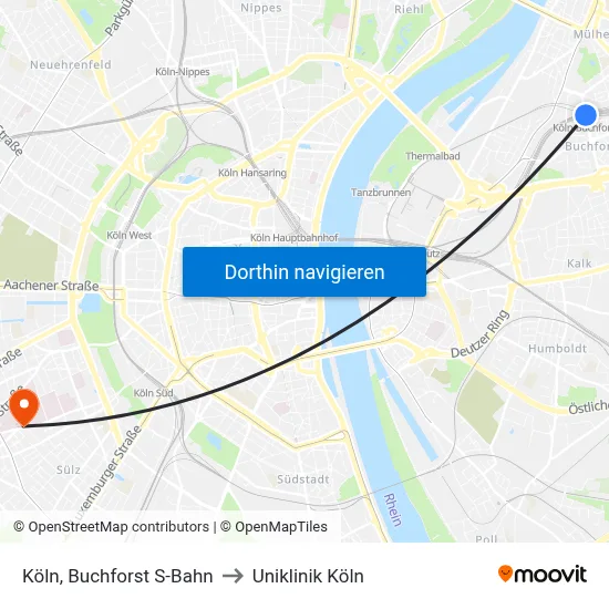 Köln, Buchforst S-Bahn to Uniklinik Köln map