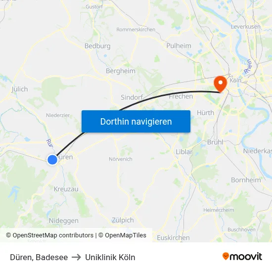 Düren, Badesee to Uniklinik Köln map