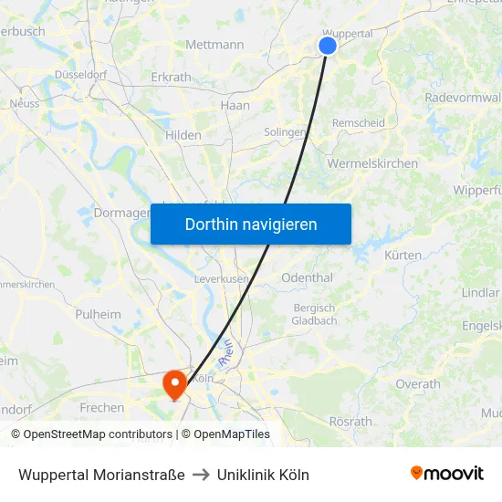 Wuppertal Morianstraße to Uniklinik Köln map