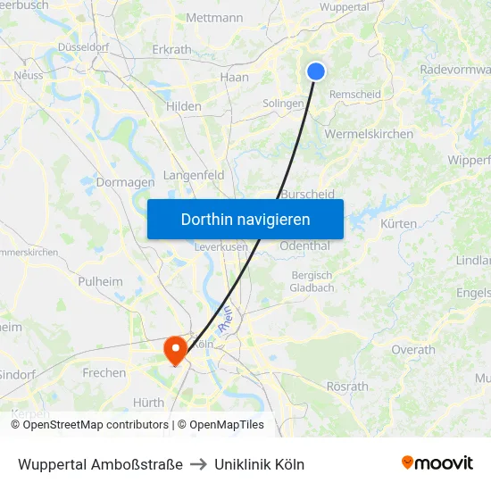 Wuppertal Amboßstraße to Uniklinik Köln map