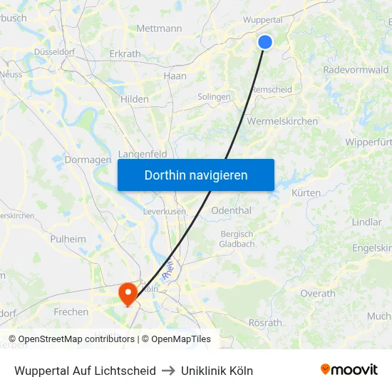 Wuppertal Auf Lichtscheid to Uniklinik Köln map