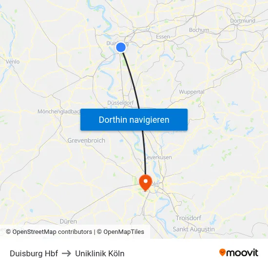 Duisburg Hbf to Uniklinik Köln map