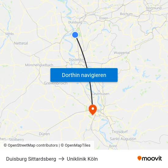 Duisburg Sittardsberg to Uniklinik Köln map