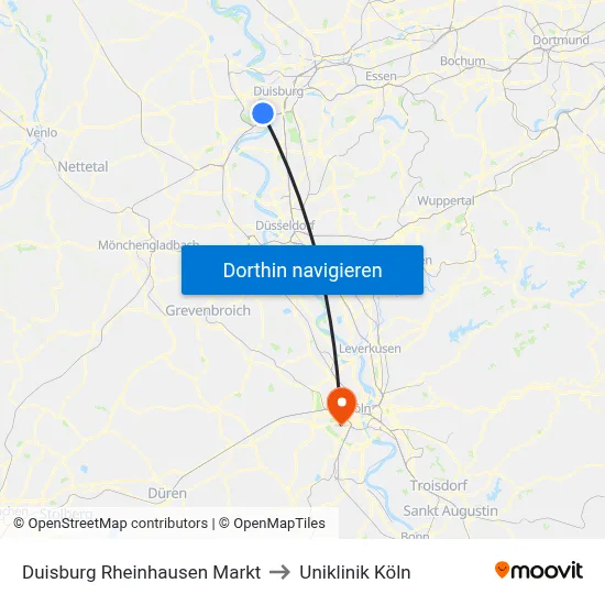 Duisburg Rheinhausen Markt to Uniklinik Köln map
