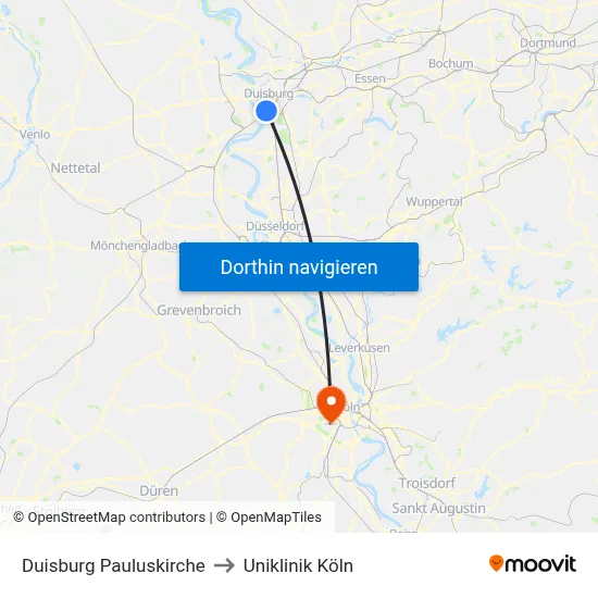 Duisburg Pauluskirche to Uniklinik Köln map
