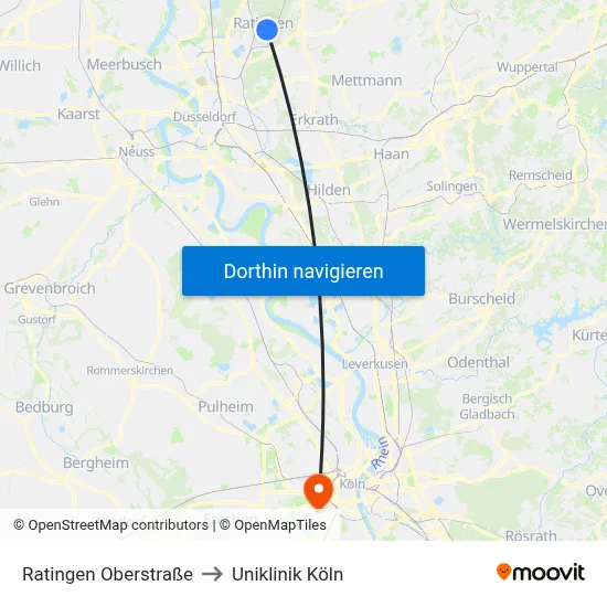 Ratingen Oberstraße to Uniklinik Köln map