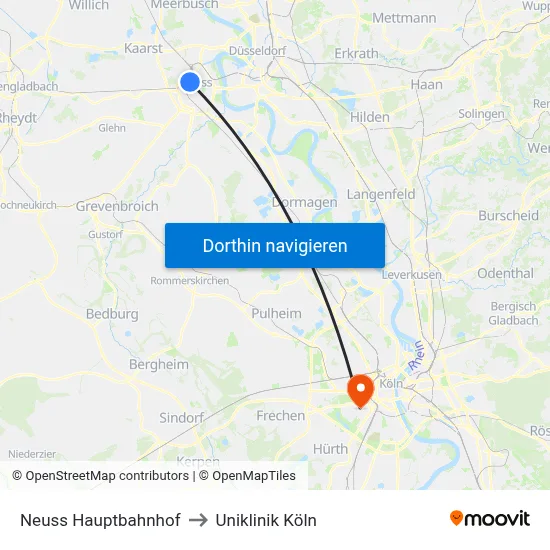 Neuss Hauptbahnhof to Uniklinik Köln map