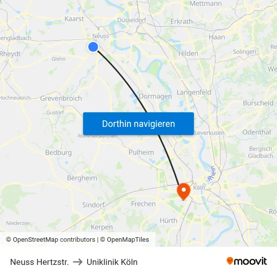 Neuss Hertzstr. to Uniklinik Köln map
